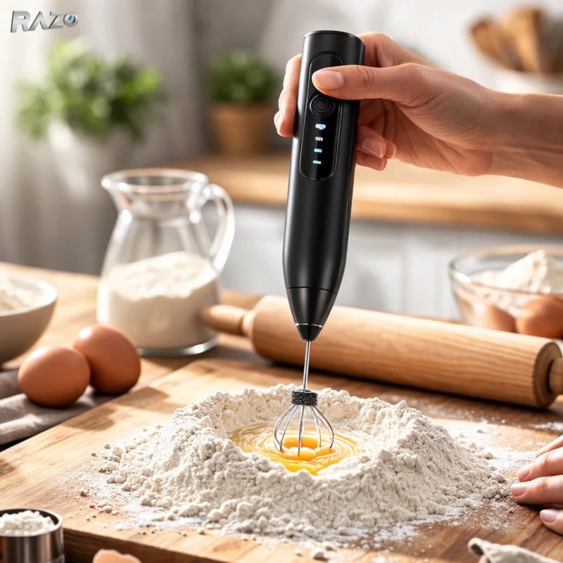 Mixer portabil RAZO, Acumulator, 3 viteze, 2 teluri, pentru frappe, cappuccino, oua, Incarcare USB, Design compact din ino...