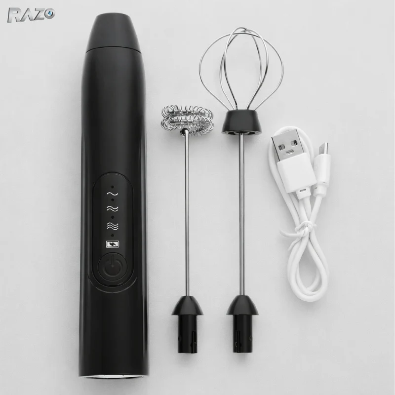 Mixer portabil RAZO, Acumulator, 3 viteze, 2 teluri, pentru frappe, cappuccino, oua, Incarcare USB, Design compact din ino...