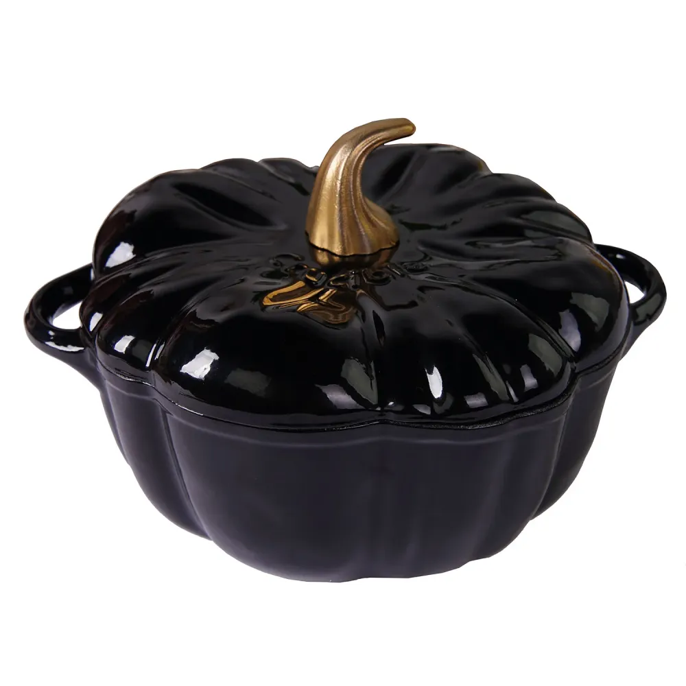 Oală din fontă emailată în formă de dovleac, Dutch Oven, Cocotte, negru, 2.32 qt (2.2 L)
