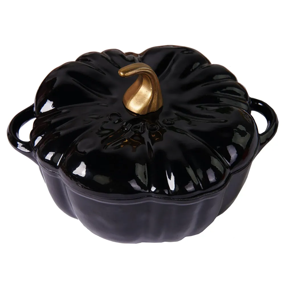 Oală din fontă emailată în formă de dovleac, Dutch Oven, Cocotte, negru, 2.32 qt (2.2 L)