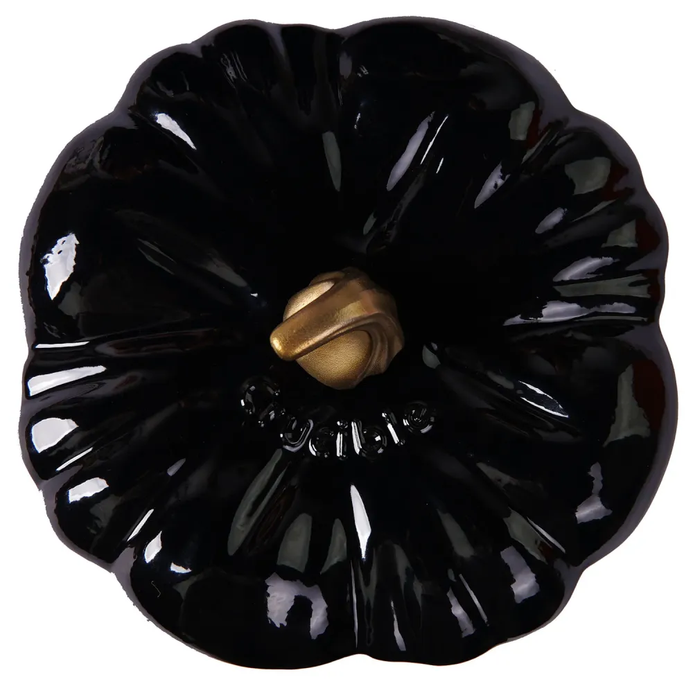 Oală din fontă emailată în formă de dovleac, Dutch Oven, Cocotte, negru, 2.32 qt (2.2 L)