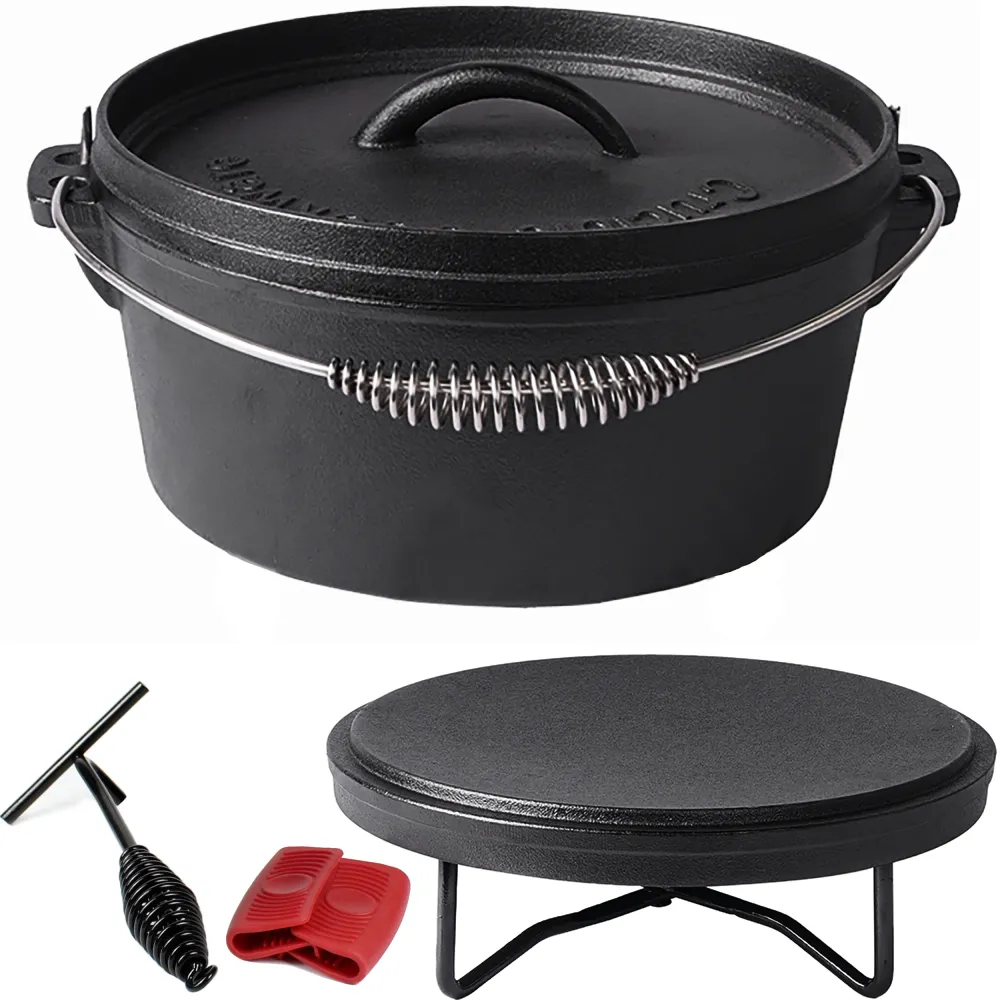 Oală Dutch Oven de fontă pentru camping, 4.1 qt (3,9 L), inclusiv ridicător capac și suport capac