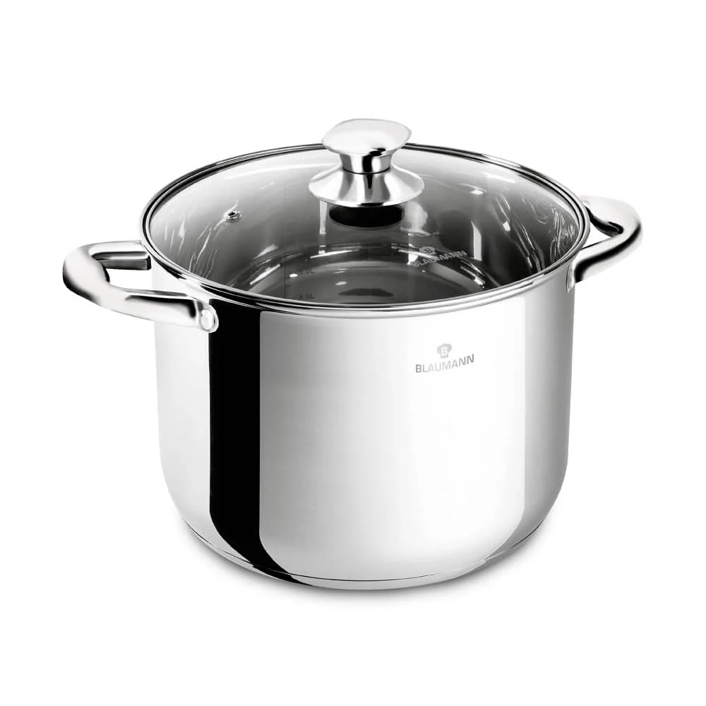 Oală înaltă inox cu capac din sticlă 24 cm – Blaumann BL-3869 | 7.7 L, compatibilă inducție