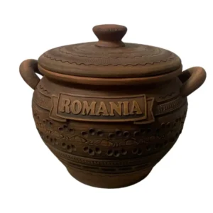 Oala model incrustat cu capac, Romania, din lut rosu, 2 L