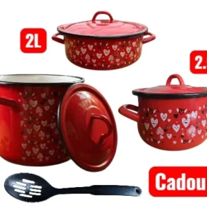 Pachet 3 Vase Emailate cu Inimi – 2 L + 2.5 L + 7 L – Design Romantic, Calitate Premium + Paleta Cadou