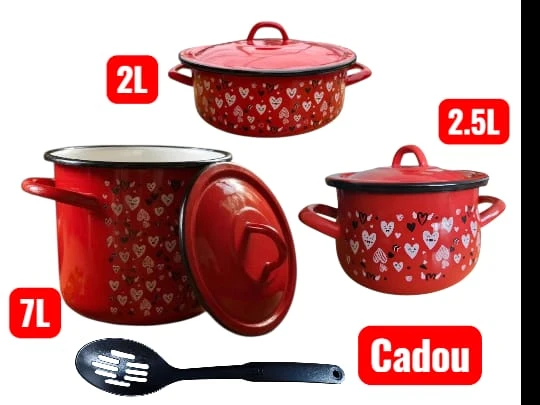 Pachet 3 Vase Emailate cu Inimi – 2 L + 2.5 L + 7 L – Design Romantic, Calitate Premium + Paleta Cadou