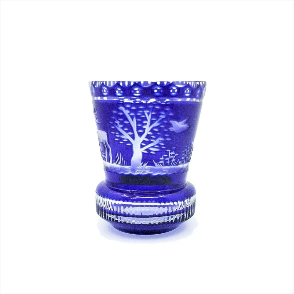 Pahar de sticlă albastră în stil Biedermeier tăiat și gravat manual -S2429-C