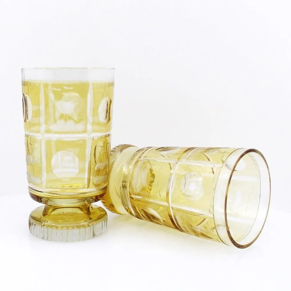 Pereche de ochelari din sticlă chihlimbar, tăiați și gravați manual, în stil Biedermeier -S2429-H