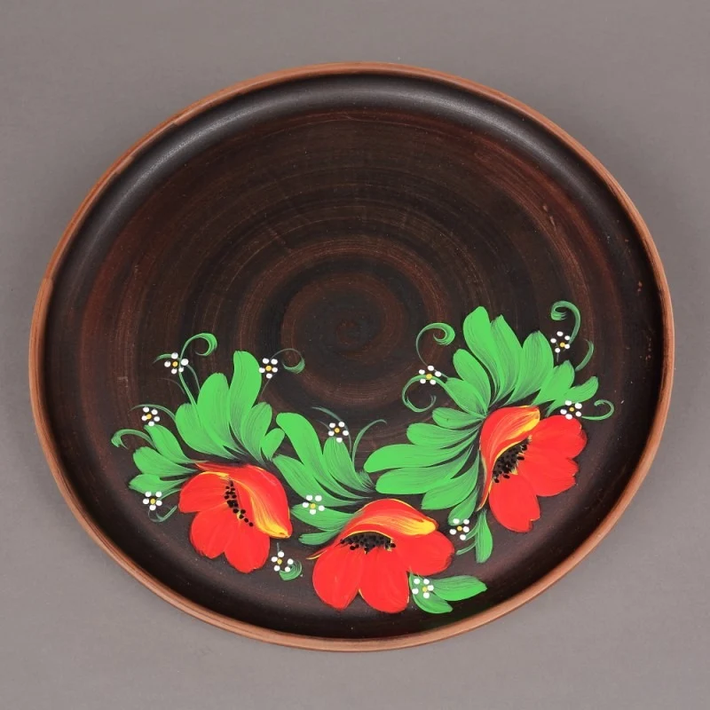 Platou lut rosu pentru Pizza, model floral MAC Angob, 30 cm