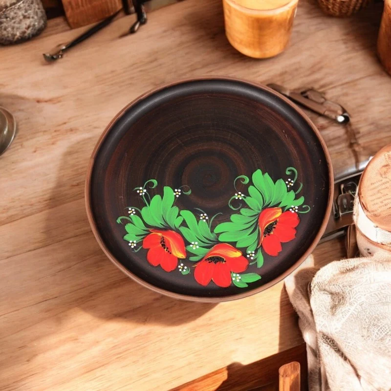 Platou lut rosu pentru Pizza, model floral MAC Angob, 30 cm