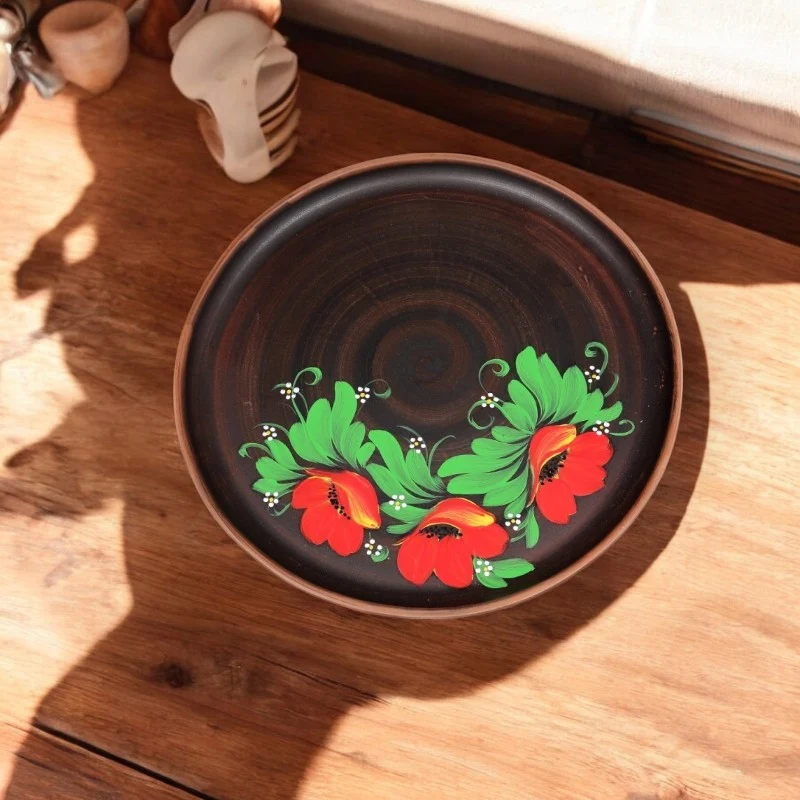 Platou lut rosu pentru Pizza, model floral MAC Angob, 30 cm
