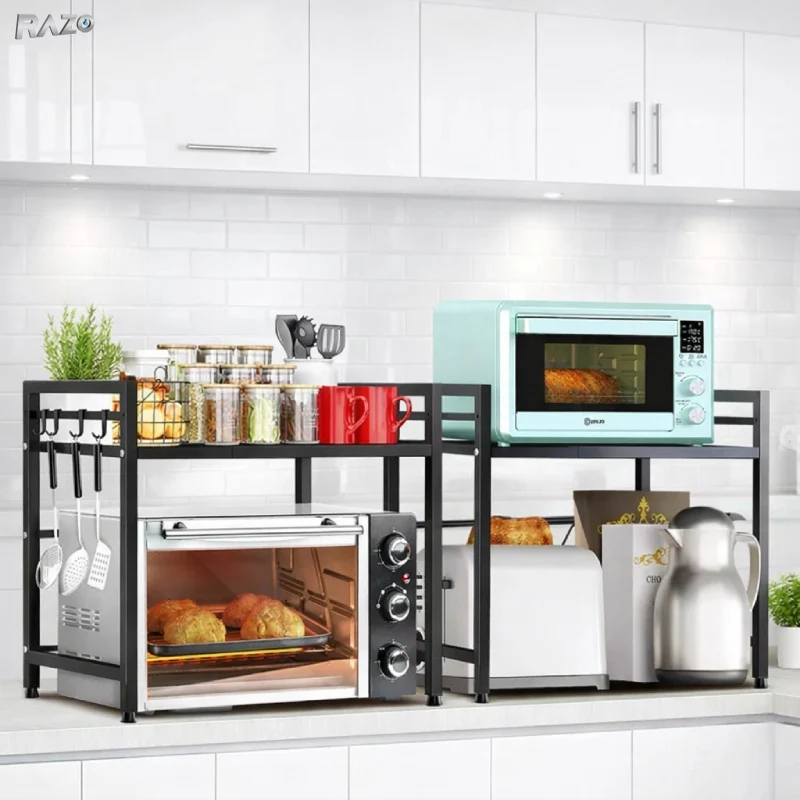 Raft de bucatarie extensibil RAZO, Pentru cuptor cu microunde, Metal durabil, Lungime, Inaltime reglabile, Negru
