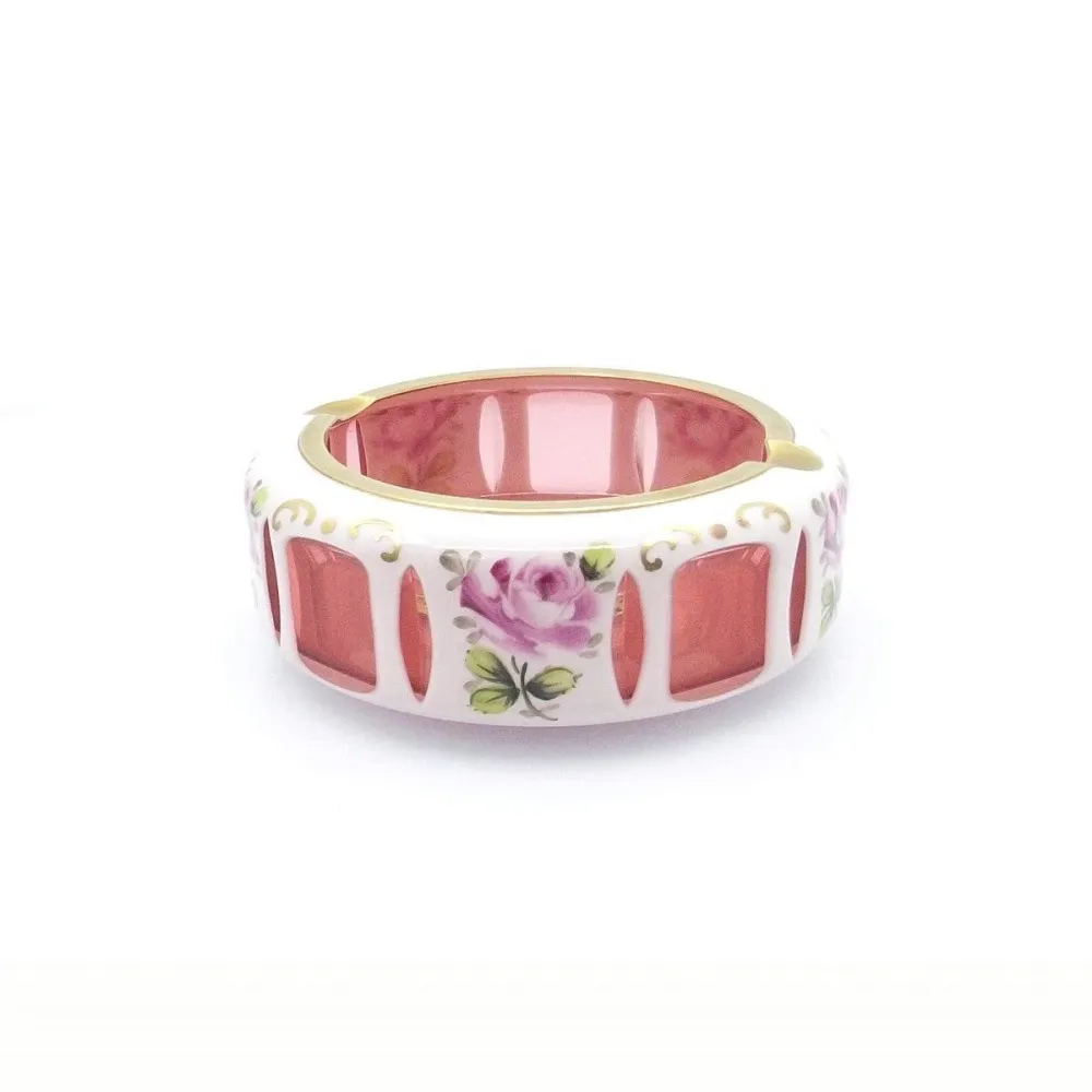 Scrumiera cristal BOHEMIA Cehoslovacia opalin cu decoratiuni florale si finisaje aurii -0288