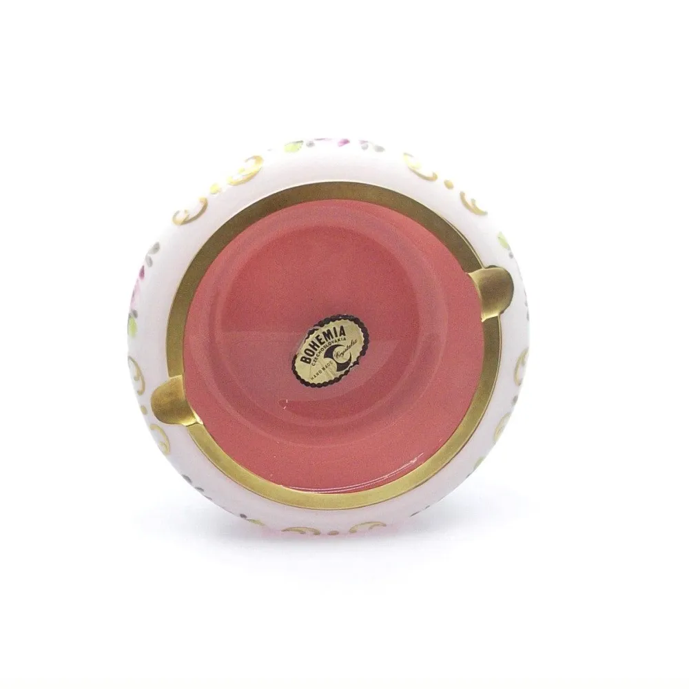 Scrumiera cristal BOHEMIA Cehoslovacia opalin cu decoratiuni florale si finisaje aurii -0288