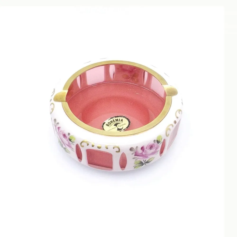 Scrumiera cristal BOHEMIA Cehoslovacia opalin cu decoratiuni florale si finisaje aurii -0288