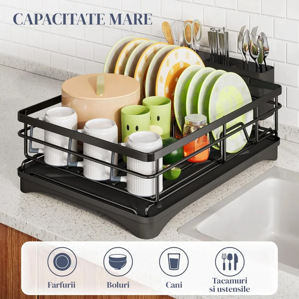 Scurgator Vase Elindor®, Suport Inox Carbon pentru Chiuveta, Uscator Incorporabil, Ideal pentru Tacamuri, Vesela, Farfurii...