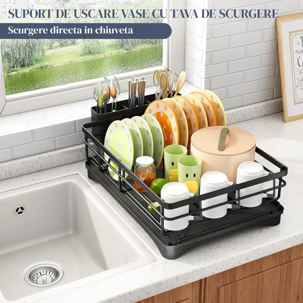 Scurgator Vase Elindor®, Suport Inox Carbon pentru Chiuveta, Uscator Incorporabil, Ideal pentru Tacamuri, Vesela, Farfurii...