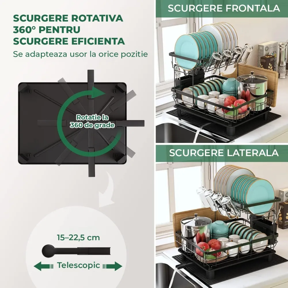 Scurgator Vase Etajat Elindor®, Suport Farfurii Chiuveta Incorporabil, Uscator Vesela, Tacamuri, Capace Oale, Tigai, Pahar...