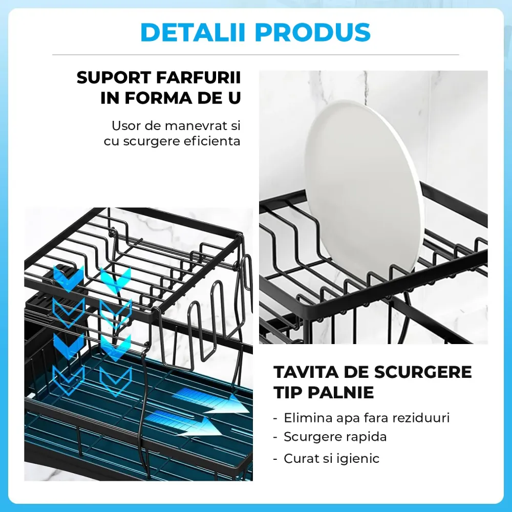 Scurgator Vase Etajat Elindor®, Suport Farfurii Chiuveta Incorporabil, Uscator Vesela, Tacamuri, Capace Oale, Tigai, Pahar...