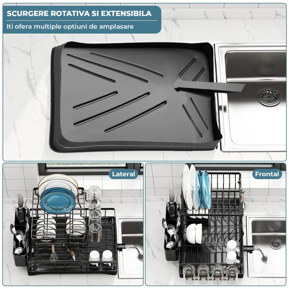 Scurgator Vase Etajat Elindor®, Suport Farfurii Chiuveta Incorporabil, Uscator Vesela, Tacamuri, Capace Oale, Tigai, Pahar...