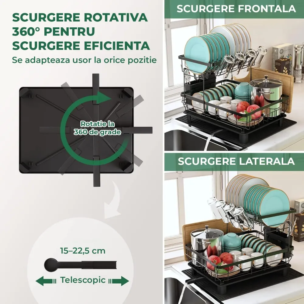 Scurgator Vase Etajat Elindor®, Suport Uscat Vesela Pentru Chiuveta, Uscator Ideal pentru Farfurii, Tacamuri, Capace, Tiga...