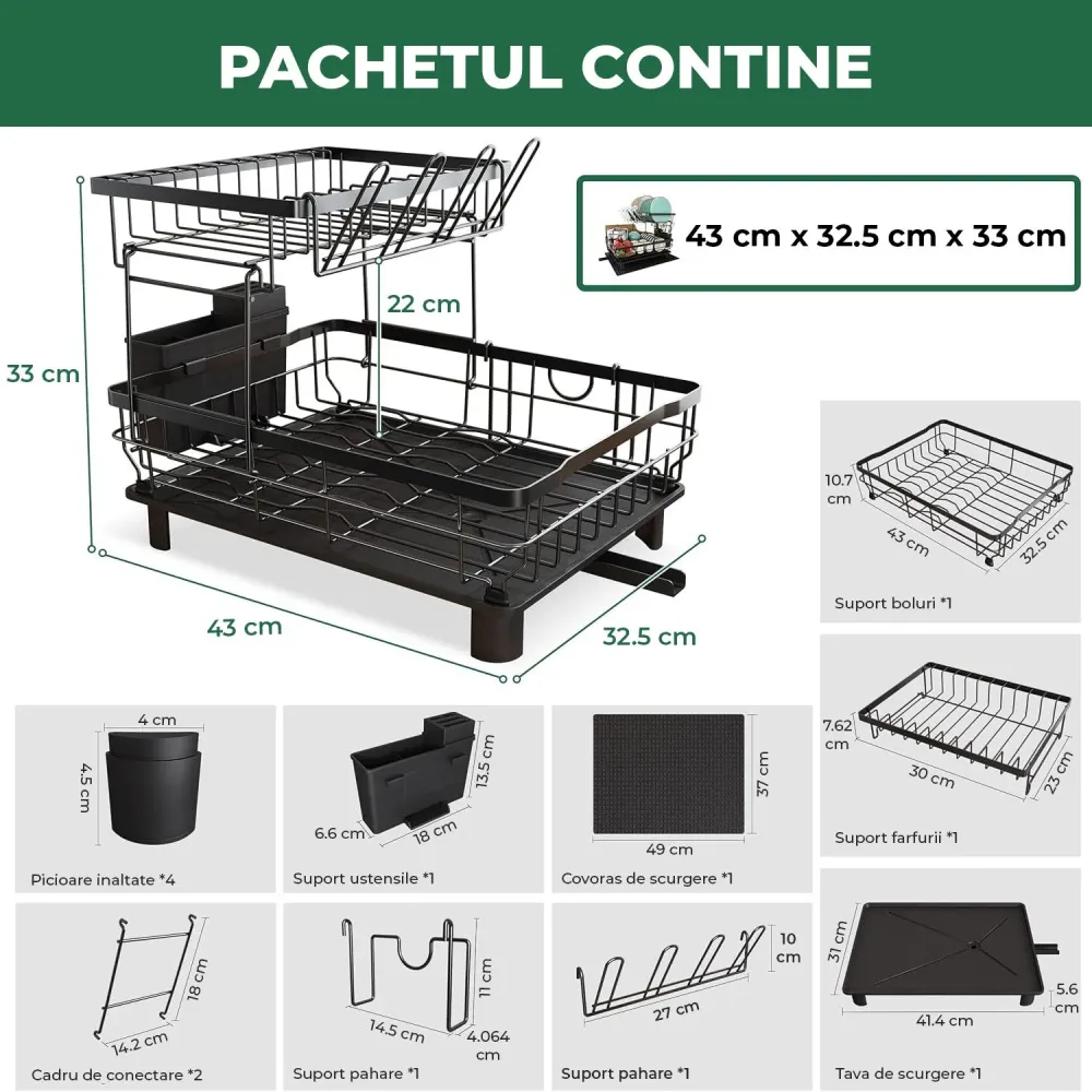 Scurgator Vase Etajat Elindor®, Suport Uscat Vesela Pentru Chiuveta, Uscator Ideal pentru Farfurii, Tacamuri, Capace, Tiga...