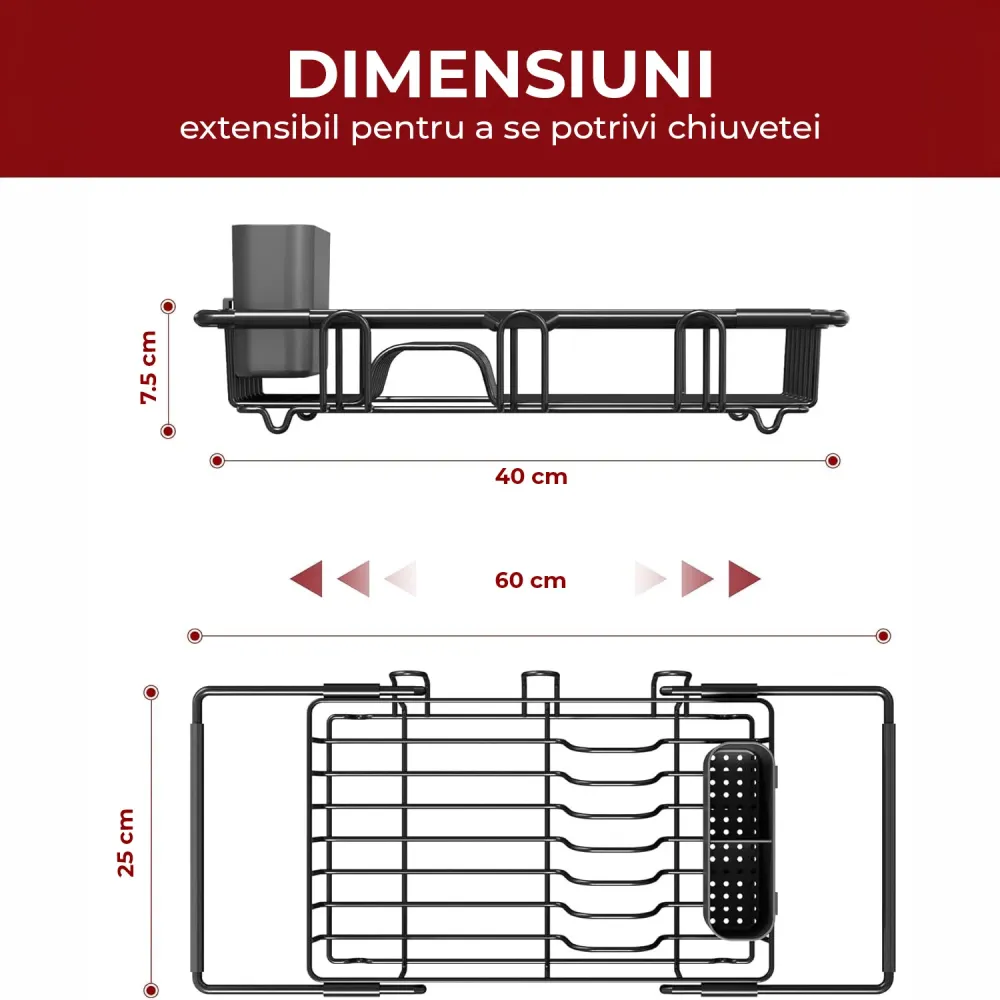 Scurgator Vase Extensibil Elindor® Suport Vesela si Pahare Chiuveta Incorporabil, Uscator pentru Farfurii, Capace, Oale, T...