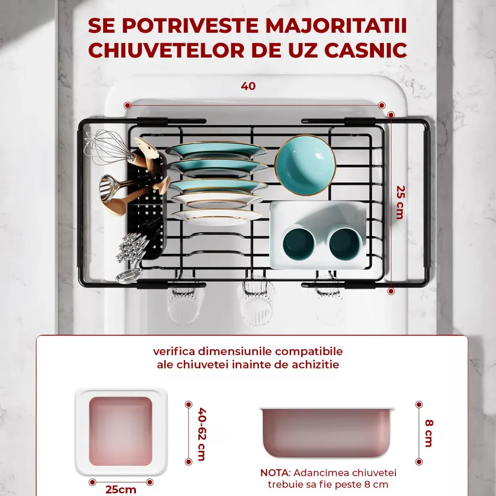 Scurgator Vase Extensibil Elindor® Suport Vesela si Pahare Chiuveta Incorporabil, Uscator pentru Farfurii, Capace, Oale, T...