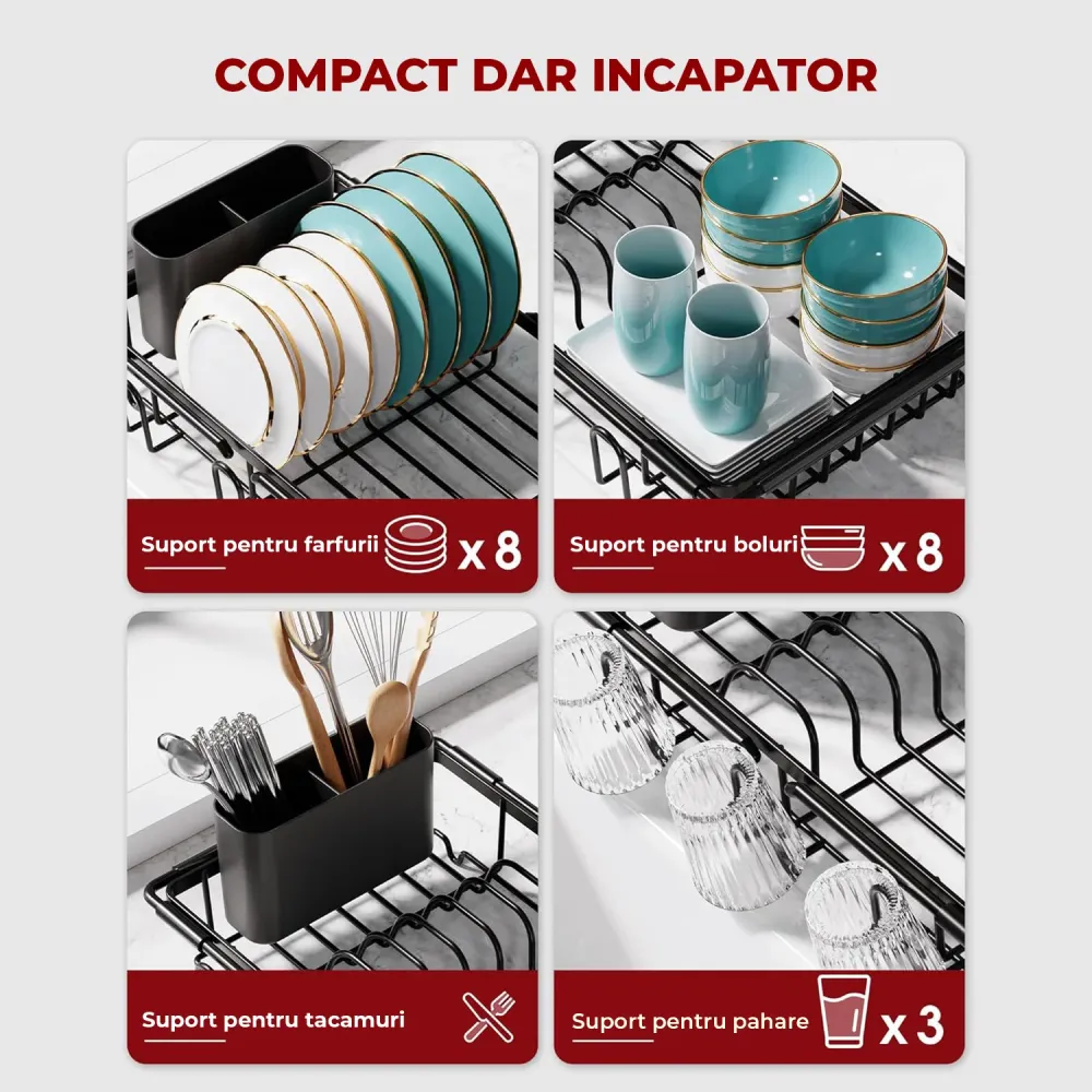 Scurgator Vase Extensibil Elindor® Suport Vesela si Pahare Chiuveta Incorporabil, Uscator pentru Farfurii, Capace, Oale, T...
