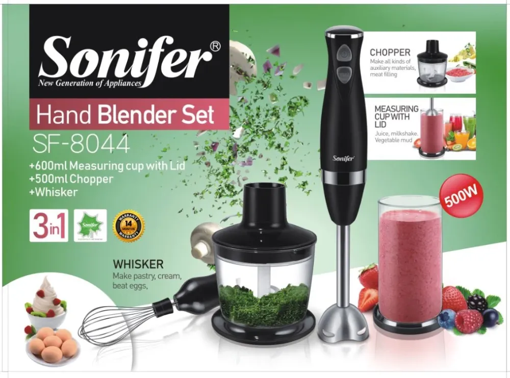 Set Blender 3 1 Sonifer SF-8044 cu putere 500W, Mixer vertical, functie Turbo, Multifunctional, alb