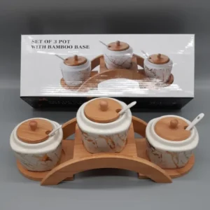 Set 3 borcanase pentru Condimente cu capace, lingurite si suport, Ceramica si Lemn