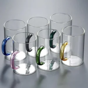 Set 6 cani din sticla brosilicata , maner color, 320 ml