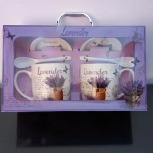 Set 2 Cani cu lingurite si farfurioare, Ceramica, 240 ml, Model Lavanda