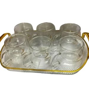 Set 6 Cani Pereti Dubli 200 ml si Tava cu manere aurii