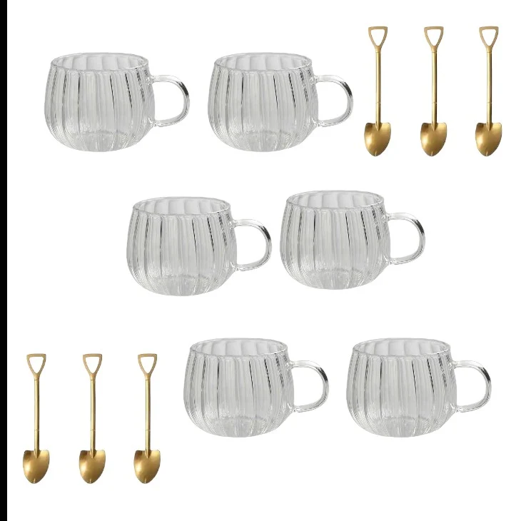 Set 6 Cani sticla, 350 ml, Transparent, Model cu dungi cu 6 Lingurite Aurii