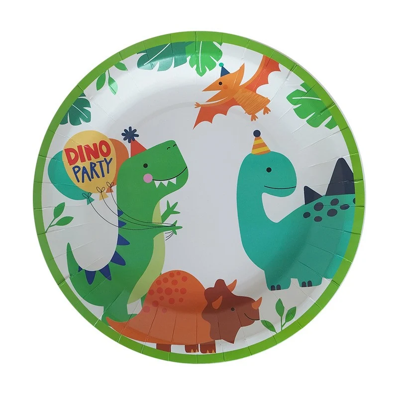 Set 10 Farfurii de Carton Happy Birthday, Vivimall, 23 cm, Tematica Aniversare, Model Dinozauri, Multicolor