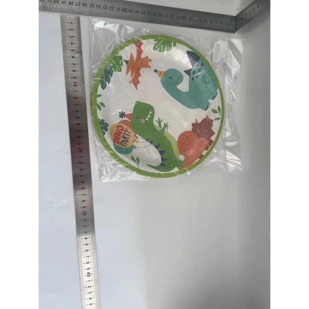 Set 10 Farfurii de Carton Happy Birthday, Vivimall, 23 cm, Tematica Aniversare, Model Dinozauri, Multicolor