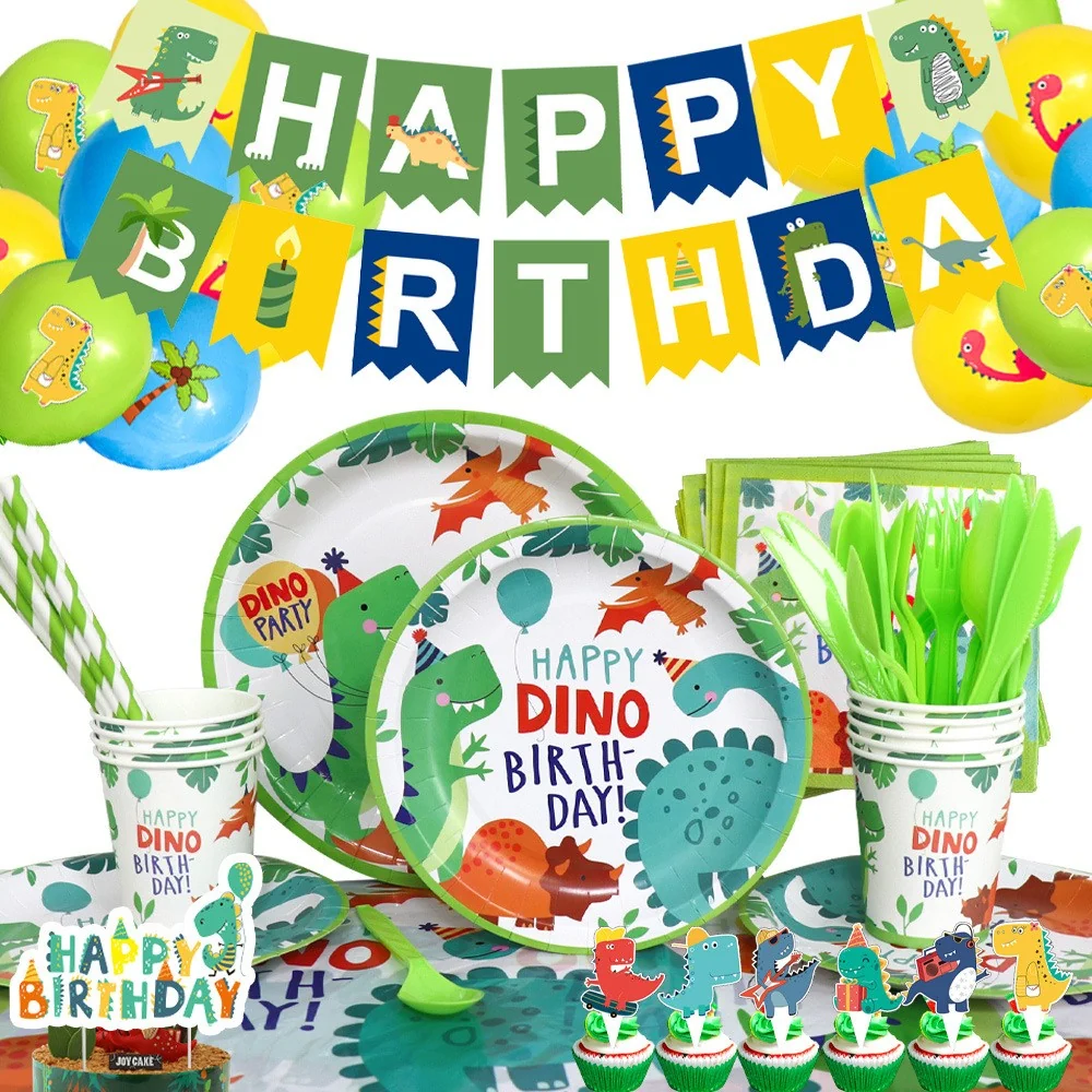 Set 10 Farfurii de Carton Happy Birthday, Vivimall, 23 cm, Tematica Aniversare, Model Dinozauri, Multicolor