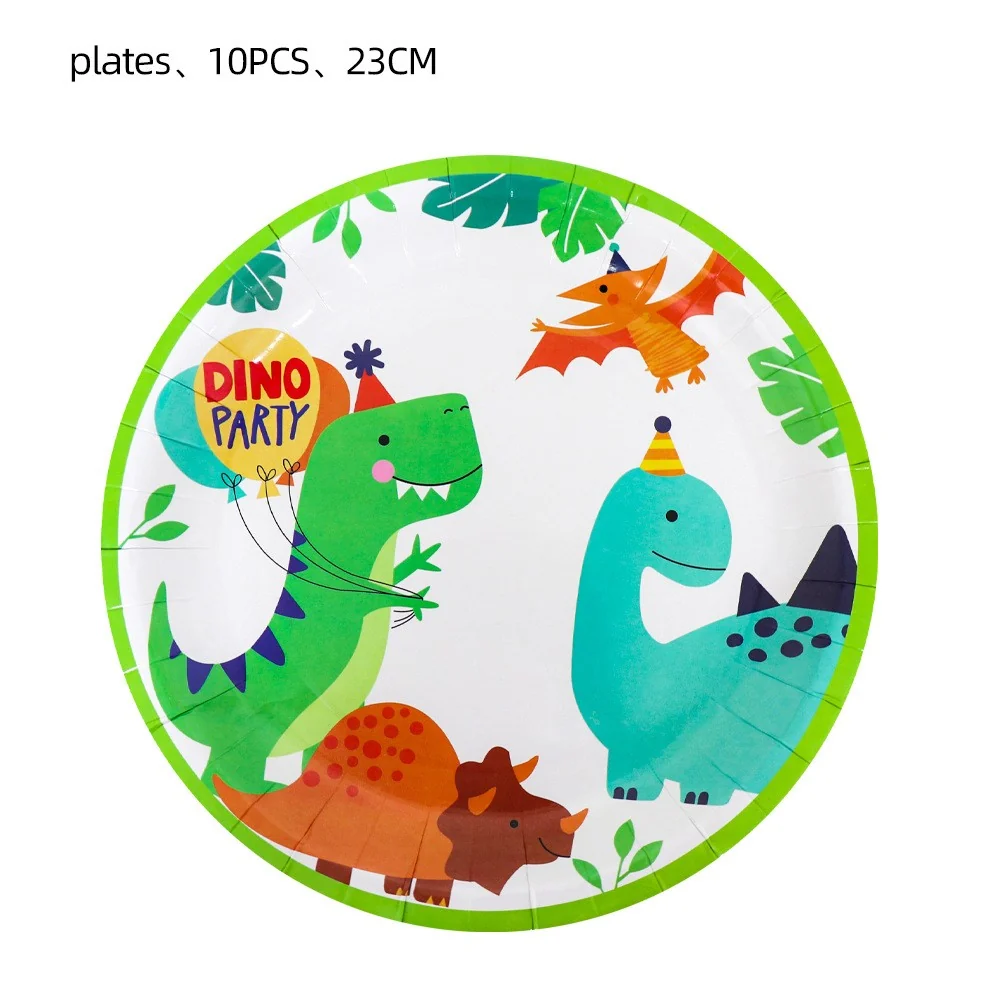 Set 10 Farfurii de Carton Happy Birthday, Vivimall, 23 cm, Tematica Aniversare, Model Dinozauri, Multicolor