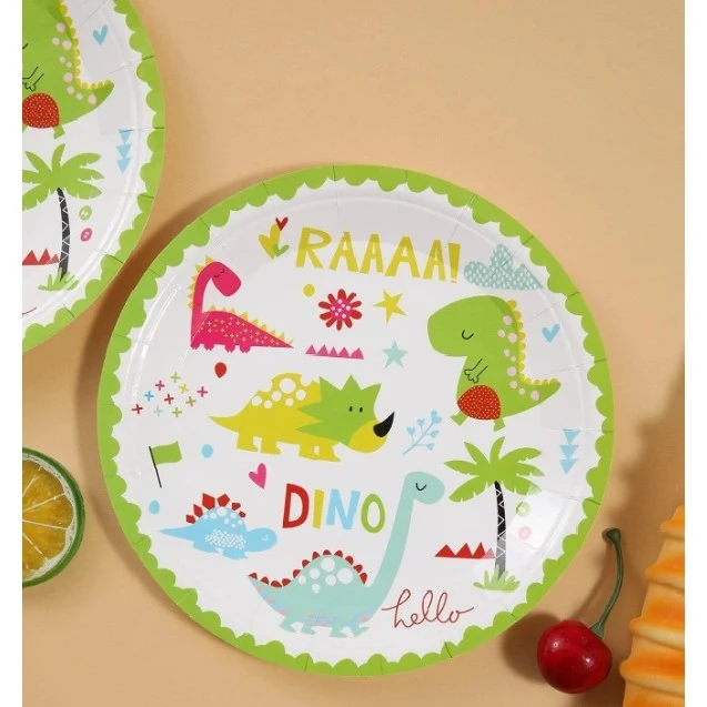 Set 10 Farfurii Petrecere, Vivimall, Colectia Dino Park, 23 cm Diametru, din Carton, Multicolor