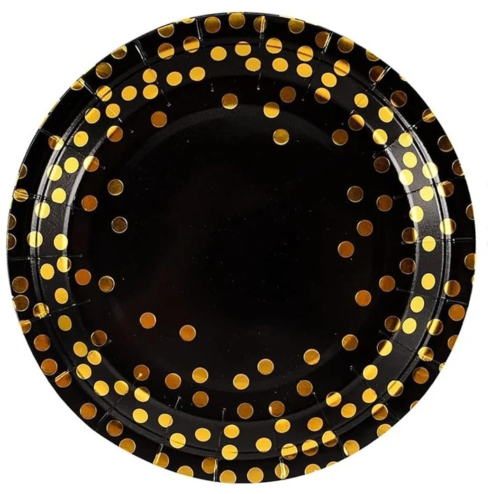 Set 10 Farfurii Unica Folosinta, Vivimall, Imprimeu cu Buline, din Carton, Diametru 23 cm, Negru/Auriu
