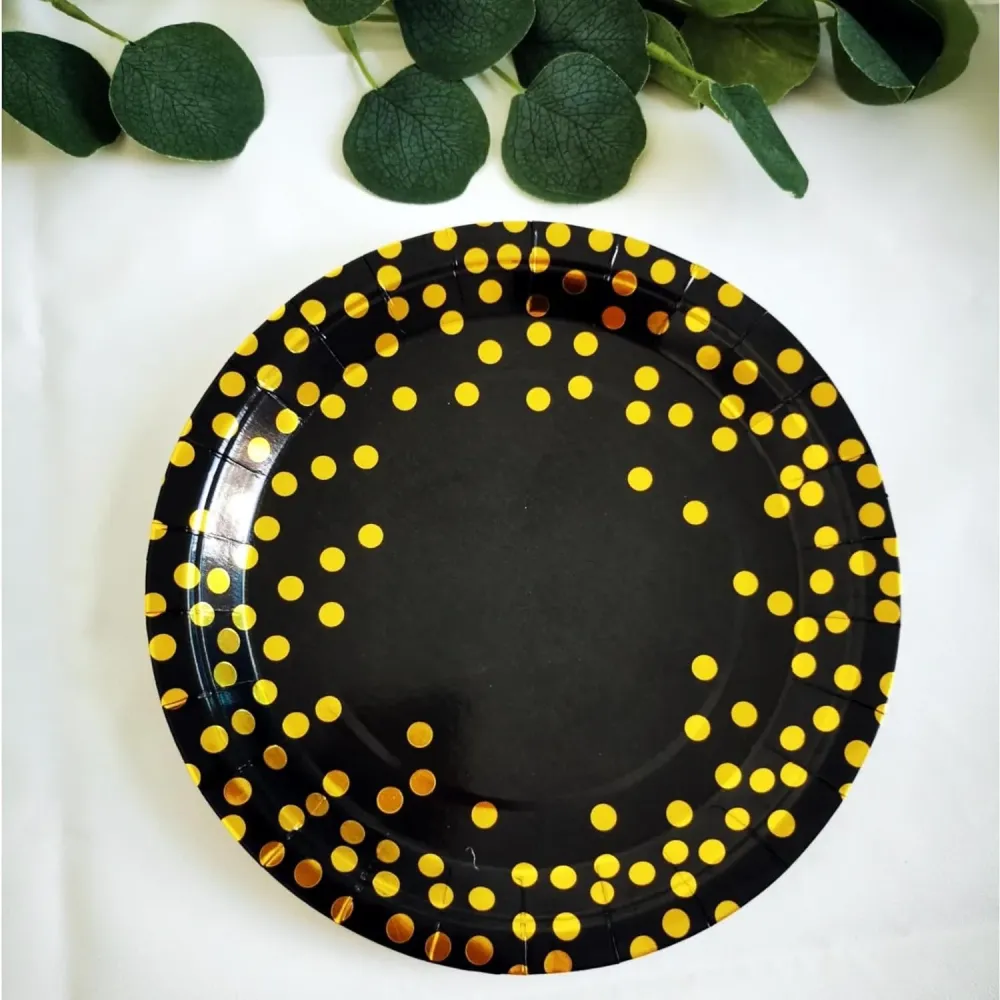 Set 10 Farfurii Unica Folosinta, Vivimall, Imprimeu cu Buline, din Carton, Diametru 23 cm, Negru/Auriu