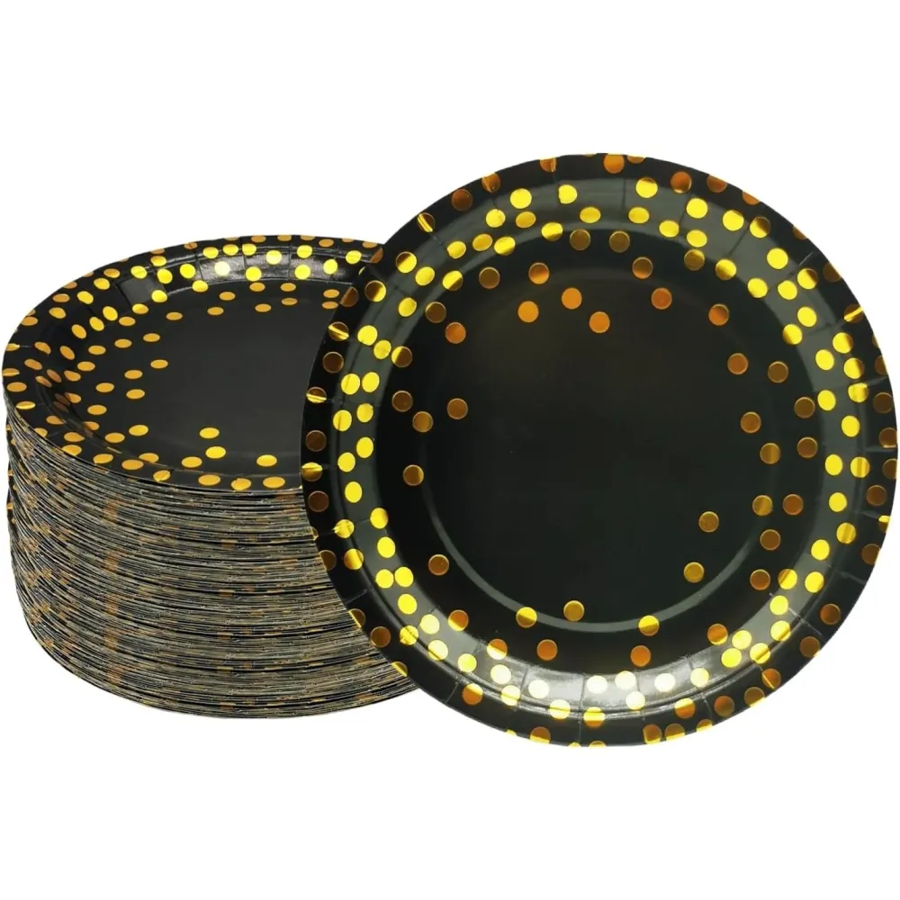Set 10 Farfurii Unica Folosinta, Vivimall, Imprimeu cu Buline, din Carton, Diametru 23 cm, Negru/Auriu