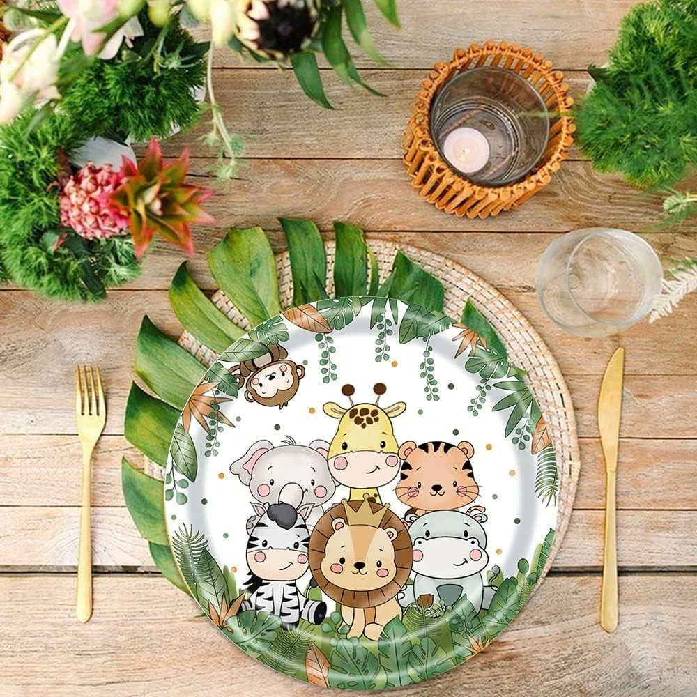 Set 10 Farfurii Unica Folosinta, Vivimall, Imprimeu Jungle, din Carton, 17 cm, Verde