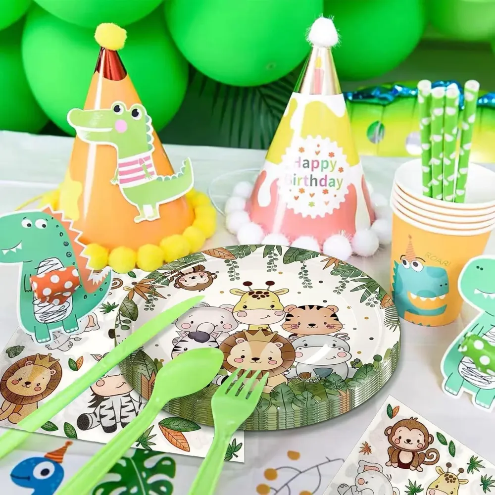 Set 10 Farfurii Unica Folosinta, Vivimall, Imprimeu Jungle, din Carton, 17 cm, Verde