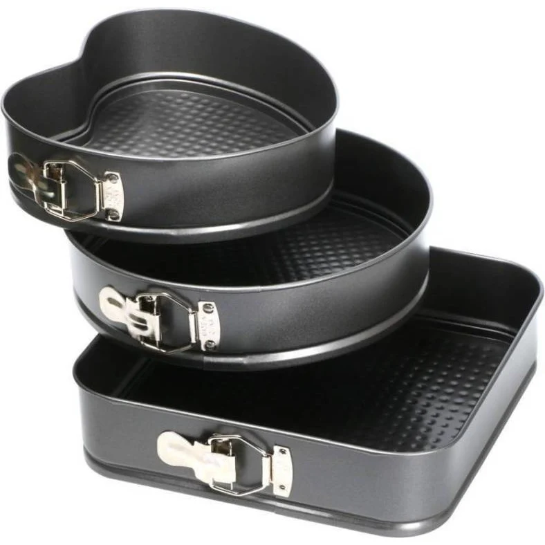 Set de 3 Forme pentru Tort cu Margini si Baza Detasabila, Forma Rotunda, Patrata si Inima