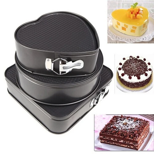 Set de 3 Forme pentru Tort cu Margini si Baza Detasabila, Forma Rotunda, Patrata si Inima