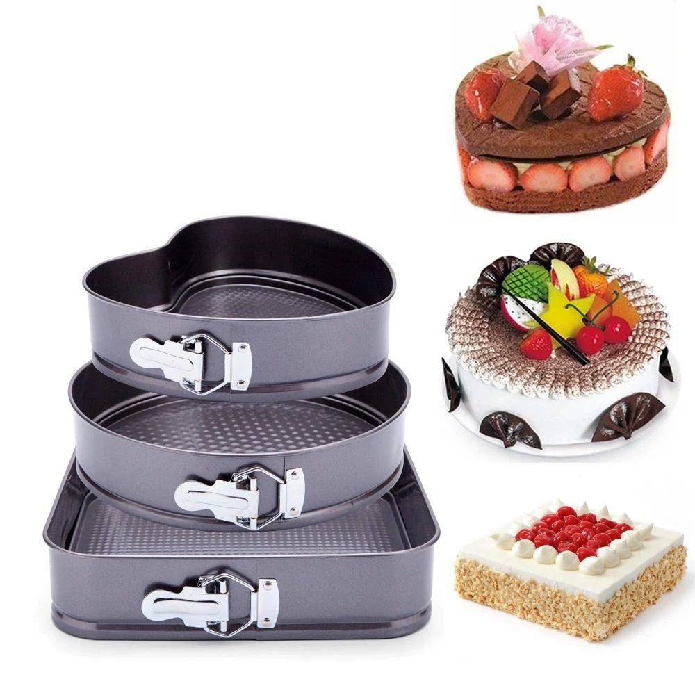 Set de 3 Forme pentru Tort cu Margini si Baza Detasabila, Forma Rotunda, Patrata si Inima