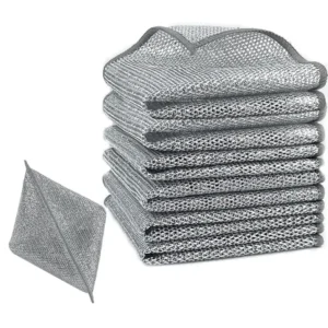 Set 10 lavete cu dublu strat, din fibra abraziva pentru vase, utilizare umeda si uscata, carpa de sarma, 30 x 30 cm, Argintiu