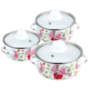 Set mini cratițe PETERHOF PH 15865, 6 piese, 0,5/0,75/1,25 litri, Inducție, Email, Alb cu trandafiri